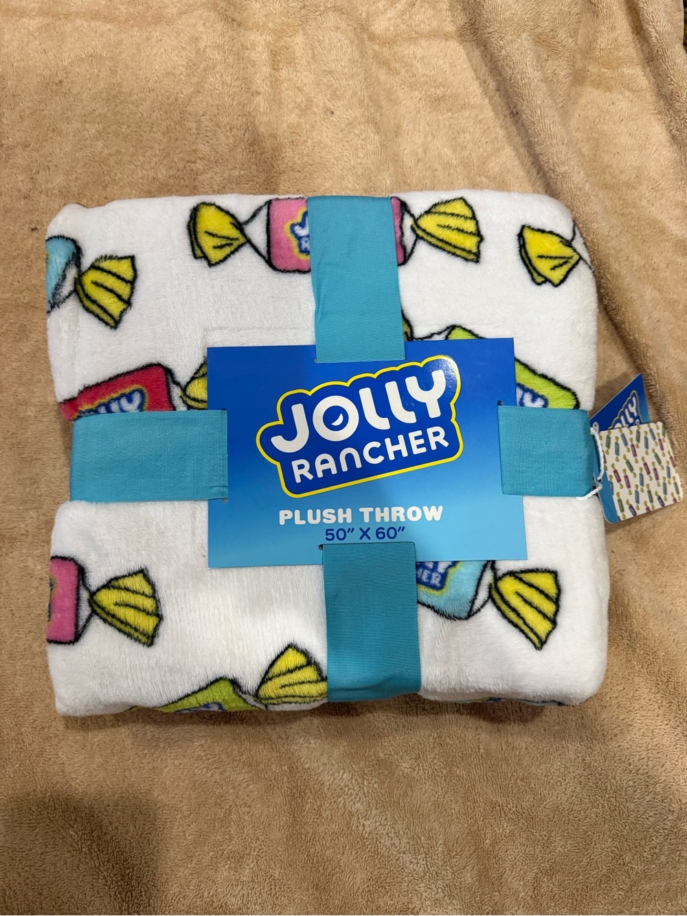 Jolly Rancher Plush Throw Blanket - Candy Print (White, Yellow, Pink, Blue)